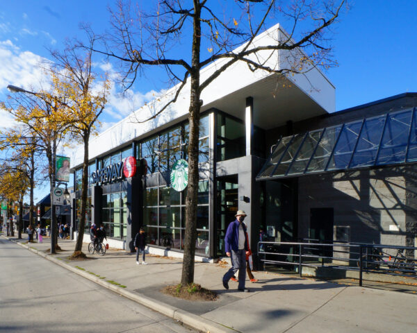 Front of Broadway Safeway with trees in front